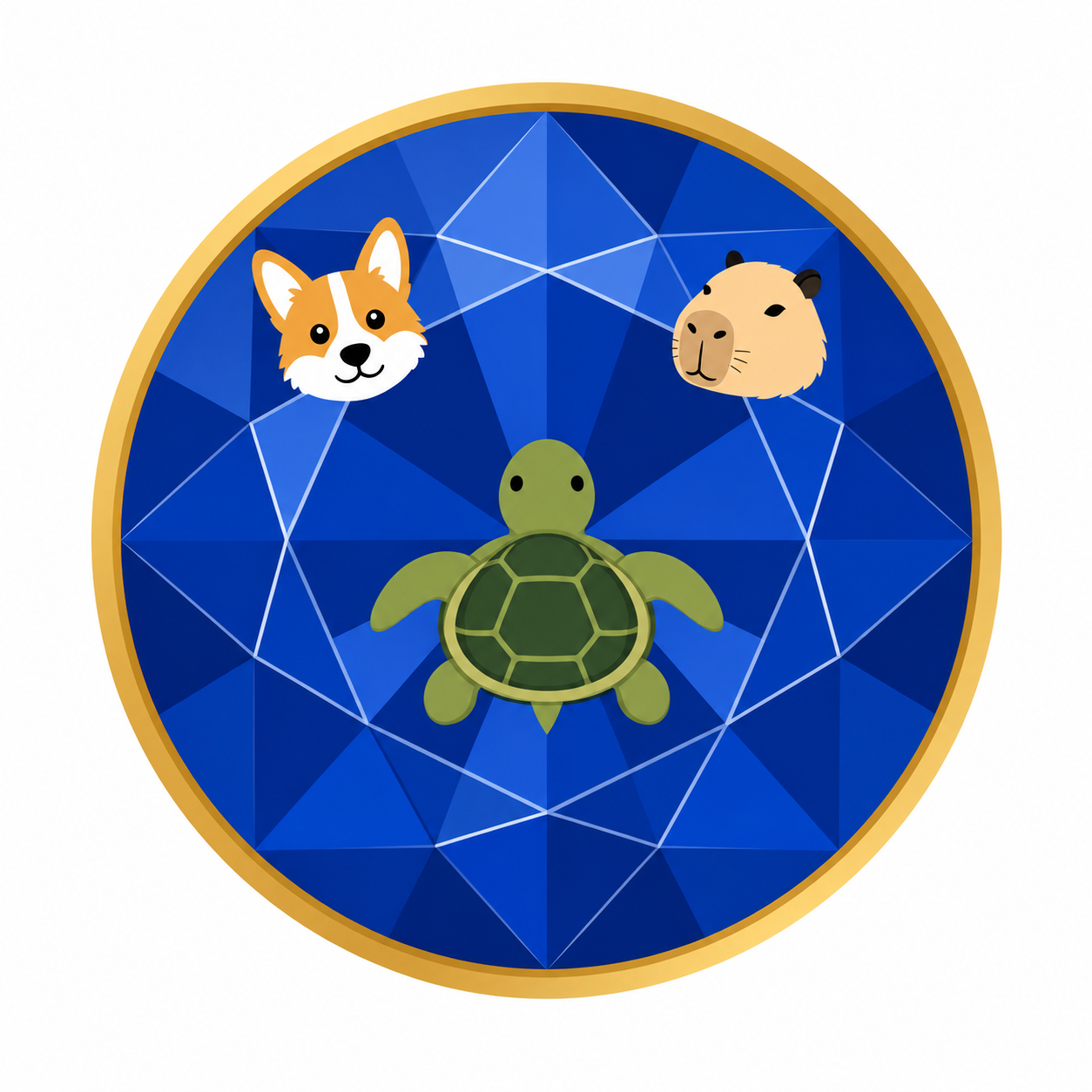 A faceted blue sapphire edged in gold, with a corgi, a capybara, and a turtle.